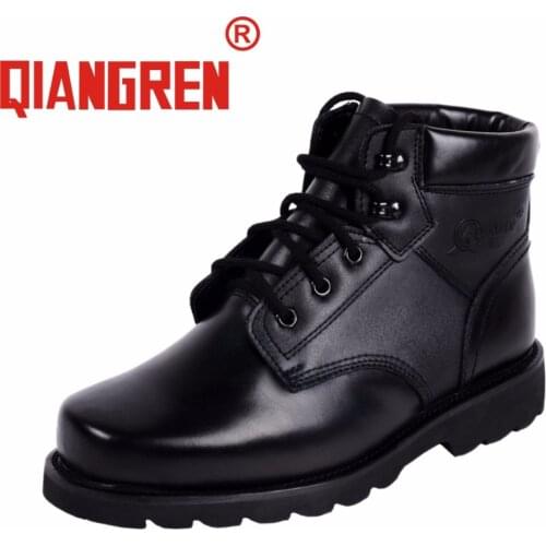 QIANGREN Military Brand Mens Winter Genuine Leather Wool Rubber Black Snow Boots Outdoors Safety Army Warm Shoes Cow Leather