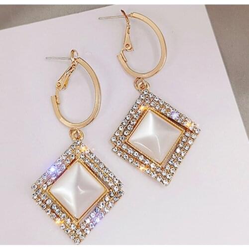 New Hollow Square Metal Geometric Cat Eye Rhinestone Earrings Charm Pendant Earrings Female Jewelry Valentines Day Gift