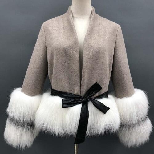 Winter Women Fashion Wool Coat Natural Warm Solid Cashmere Overcoat Fox Fur At Hem
