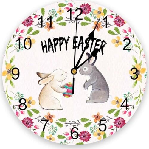 Easter DayS Flower Easter Bunny Print Wall Clock Wall Art Silent Non ticking Round Wall Watch for Home Decortaion Best Gift