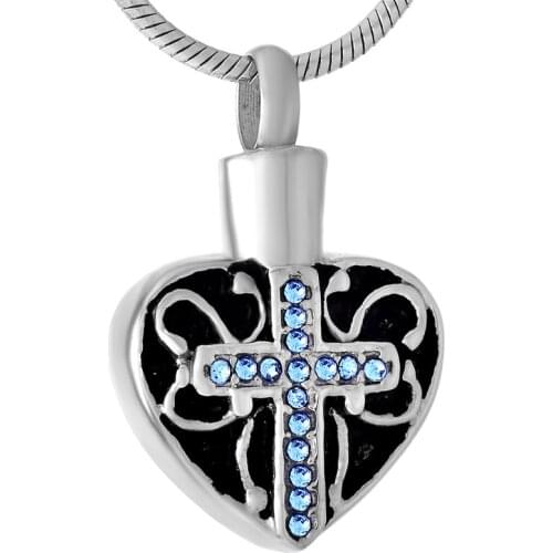 Blue Crystal cross in heart Pendant Cremation jewelry Necklace pet urn keepsake ashes locket for memorial casket personalized co