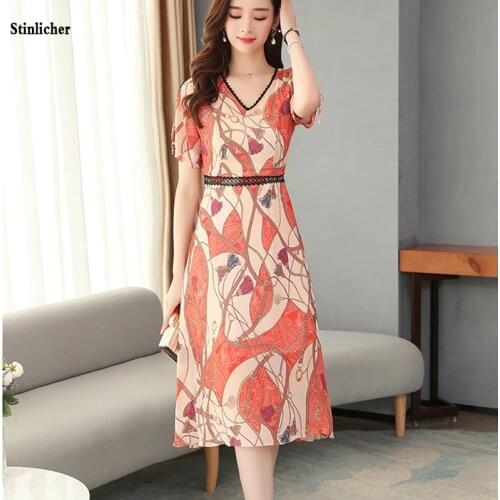 Casual summer chiffon dress women elegant chain print V-neck lace dress ladies fashion temperament midi dress robe femme