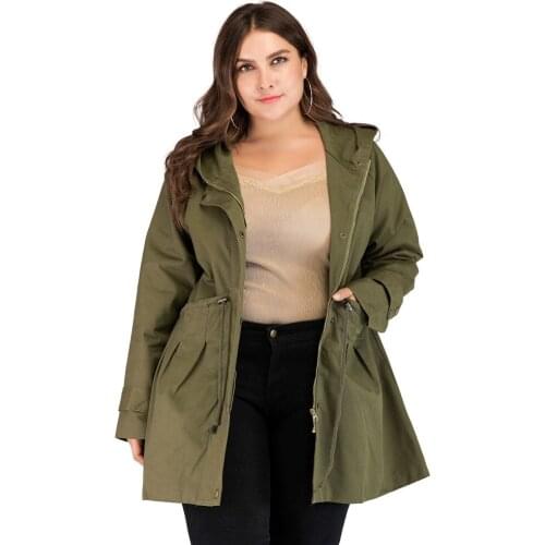 Plus Size XL-4XL Armygreen Hooded Windbreaker Coat Women Autumn and Winter Fat MM Casual All-match Trench Coat Female NS2433