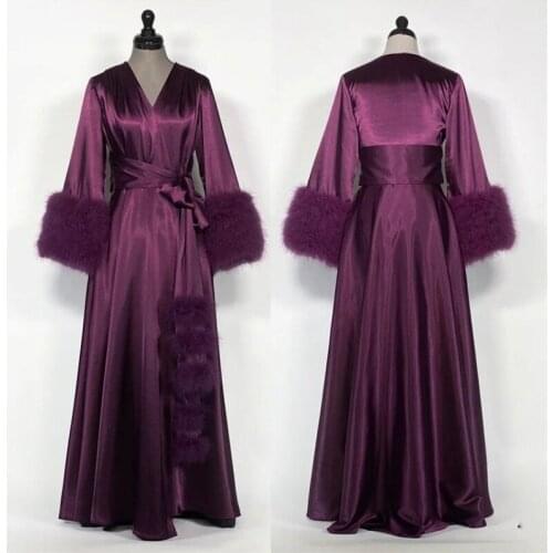Luxury Fur Wedding Sleepwear With Belt Soft Silk Hot Sale Night Gown For Women Long Sleeves Custom Made Woman Pajamas