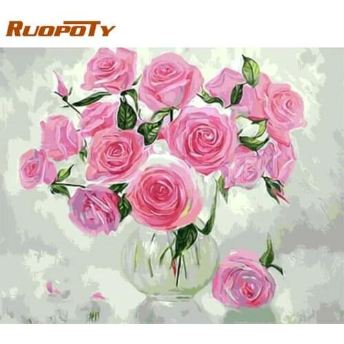 RUOPOTY Frame Picture Diy Painting By Numbers Pink Flowers Coloring By Numbers Acrylic Canvas Painting Handpainted Drawing Art