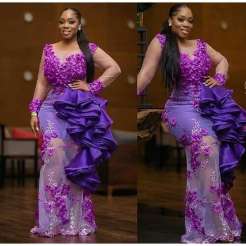 Sexy V Neck Prom Dresses See Through Formal Dress Tiered Ruffles Evening dress 3D Flowers Party Gowns Arabic Aso Ebi Plus Size