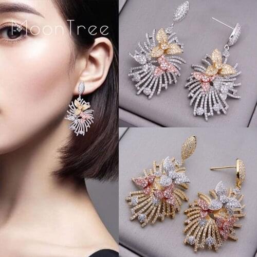 Moontree 50mm luxury Flower Line Wheel Full Micro Paved Cubic Zircon Wedding Paty Fashion Jewelry Earring For Women
