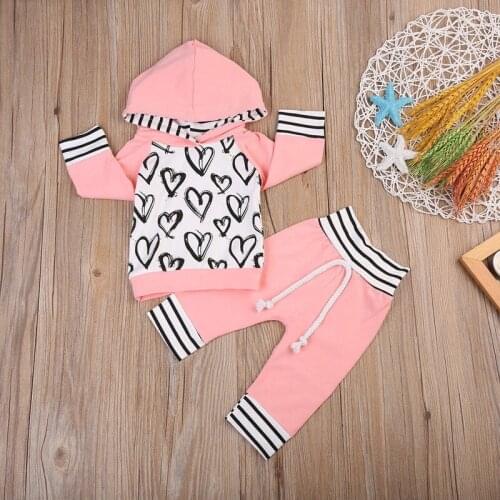 Newborn Infant Kid Baby Girl Autumn Winter Clothes Love Heart Printed Hooded Hoodies Tops+Long Pants Outfit Two Piece Set 0-3T