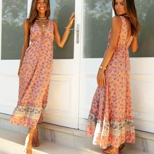 GypsyLady Vintage Floral Maxi Dress Boho Casual Summer Women Dress Sleeveless Backless V-neck Sexy Holiday Ladies Female Dress