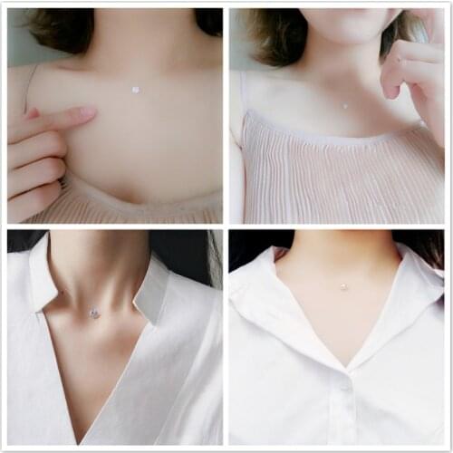 Hot Sale Fashion Square Imitation Pearl Crystal Zircon Power Necklaces Invisible Transparent Fishing Line Necklace Women
