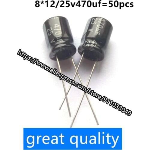 50pcs/lot 470UF 25V in-line electrolytic capacitor 25V470UF volume 8*12
