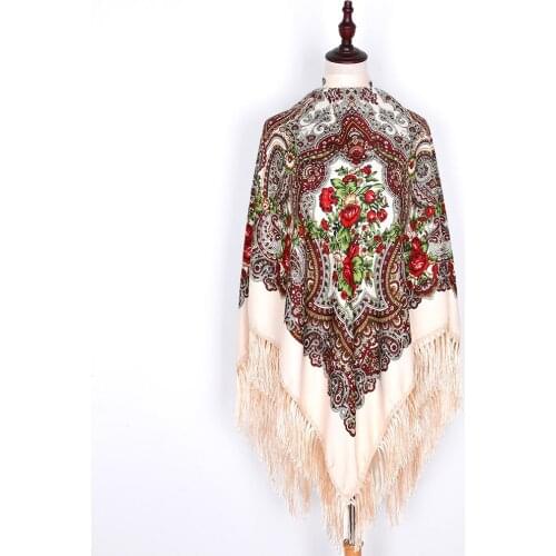 160cm Big Square Scarf Russian National Women Acrylic Retro Floral Print Shawl Winter Scarves Ladies Fringed Foulard Bandana