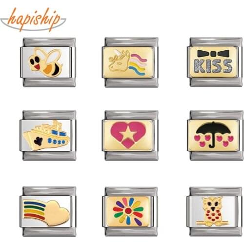 Hapiship 2021 New Heart Rainbow Unicorn Kiss Owl Ship Bees Daisy Charm Links Fit 9mm Bracelet Stainless Steel Diy Making DJTop77