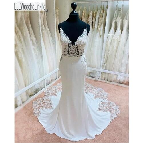 Ivory Satin Chiffon Lace Spaghetti Straps Mermaid/Trumpet Wedding Dresses Chapel Train Floor-Length Bridal Gowns Custom Made