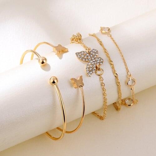 Hot sale new bohemian elegance open bracelets with rhinestone butterfly bracelet 5-piece set for female gifts wholesale