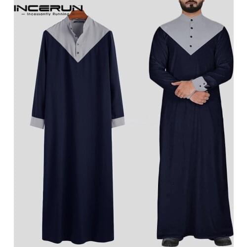 INCERUN Arabic Islamic Kaftan Muslim Men Stand Collar Patchwork Retro Jubba Thobe Long Sleeve Men Indian Clothes Robe S-5XL 2021
