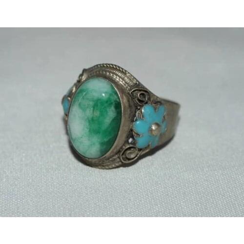 Collection Chinese old Tibetan silver cloisonne inlaid greenstone jade ring