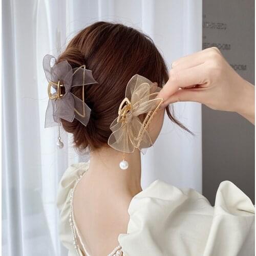 Korean Elegant Mesh Bow Hair Claws for Women Girls Hair Clip Large Grab Clips Shark Clip Crystal Hair Accessories