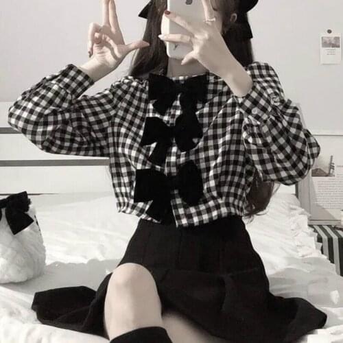 Sweet Girl Korean Vintage Harajuku JK Uniform Black White Plaid Bow Shirt + Skirt Two-Piece Gothic Lolita Elegant Woman Suit