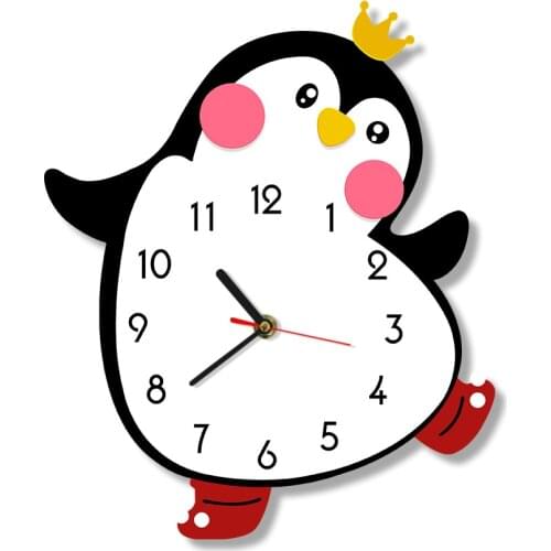 Cute Princess Girl Penguin Cartoon Wall Clock Silent Movement Nursery Bedroom Kids Room Wall Art Decor Color Printed Wall Watch