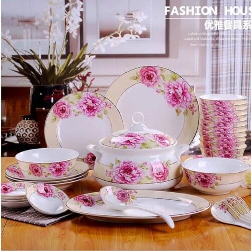Jingdezhen 58 pieces western style Phnom Penh ceramic tableware set wholesale ceramic tableware, bowls and sets of peony Fairies
