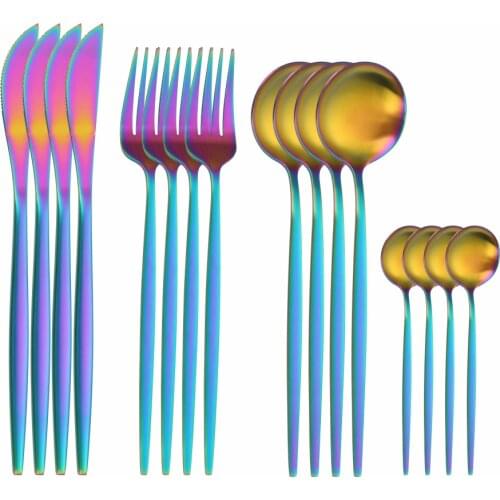 16Pcs Matte Rainbow Stainless Steel Cutlery Tableware Set Dinnerware Flatware Set Party Forks Knives Spoons Set Thin Silverware