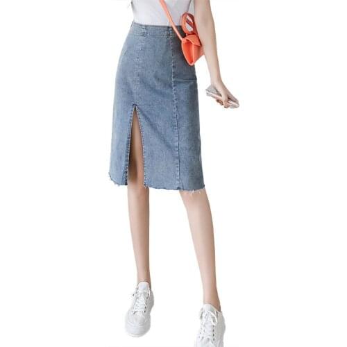 2021 Spring & Summer New Skirts Mid-lemhth High Waist Slim Denim Midi Skirt Split Half Length Sexy Hip Skirt Young Women BSQ289