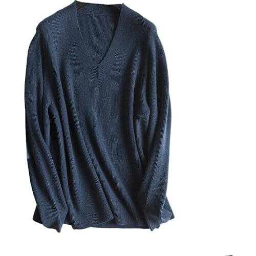 Lambswool cashmere blend knit women fashion Vneck pullover sweater wide loose S/M dark blue retail wholesale