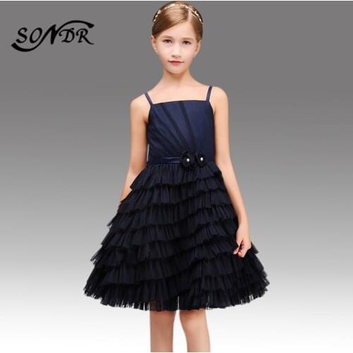 Flower Girls Dresses Navy Blue HT128 Elegant Tiered Princess Ball Gowns Spaghetti Strap Appliques Flower Girl Pageant Dress