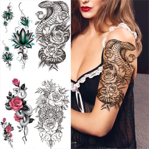 Death Eaters Dark Mark Mamba Snake Temporary Tattoos For Women Men Fake Rose Lotus Flora Tattoo Sticker Half Sleeve Tatoos