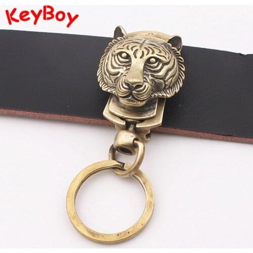 Retro Fashion Copper Tiger Head Men Belt Keyrings Pendants Brass Car Key Chain Rings DIY Keychains Accessories Key Holder Gifts