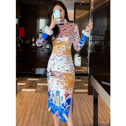 Sexy Chinese Cheonsam Autumn Retro Dragon Printed Split Velvet Dress Slim Long Fur Sleeve Chi-pao Tea-length Bodycon Midi Dress