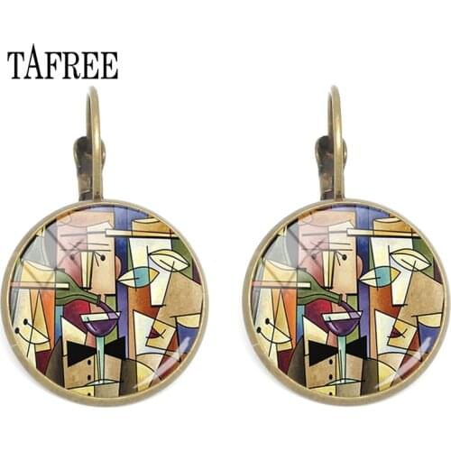 TAFREE Abstract Art Painting Earrings many faces artist Picture Clip On Earrings Round Glass Bronze Plated modern Jewelry PT24