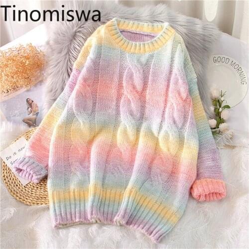 Tinomiswa Colorful Color Striped Sweater Women O Neck Long Sleeve Pull Femme Casual Korean Fashion Knitted Pullover Jumpers