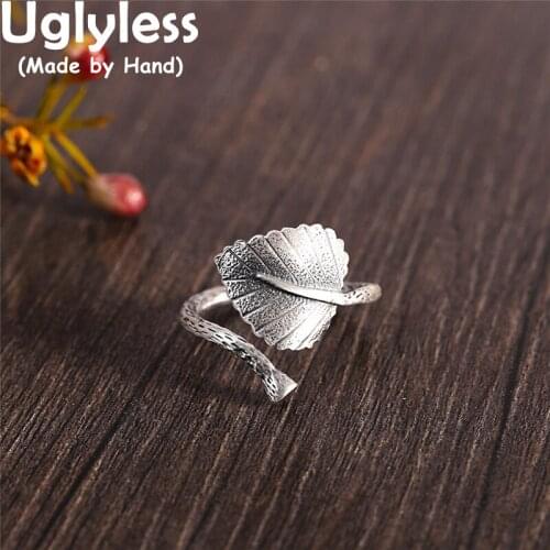 Uglyless Say LOVE Sweet Heart-shape Leaf Rings for Women Real 999 Pure Silver Bodhi Leaf Jewelry Thai Silver Ethnic Jewelry