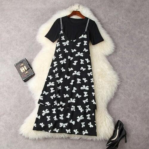 Europe and the United States womens clothing New Summer 2021 Short sleeve T-shirt Condole belt Bow print dress two-piece