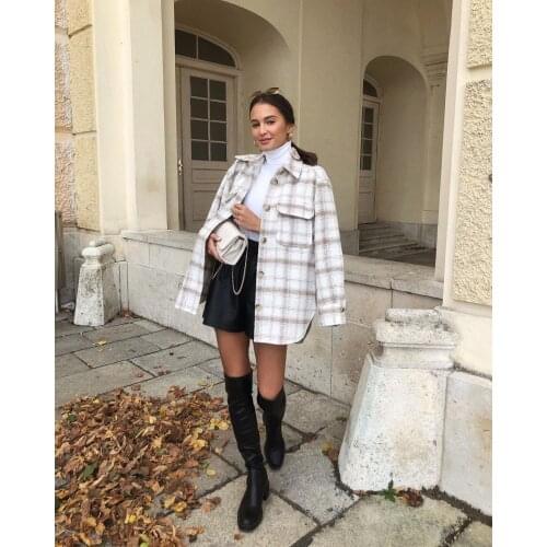 American retro checkered thick lapel button loose profile slimming mid-length shirt jacket women