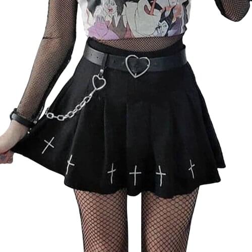 Women High Waist Gothic Punk Mini Skirts, Ladies Cross Pattern Mini Pleated Skirt