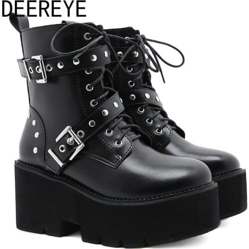 New Women Lace-Up Ankle Short Booties Rivet Punk Chunky Platform High Heels Zipper Female Gothic Style Shoes Luxury Brand Design