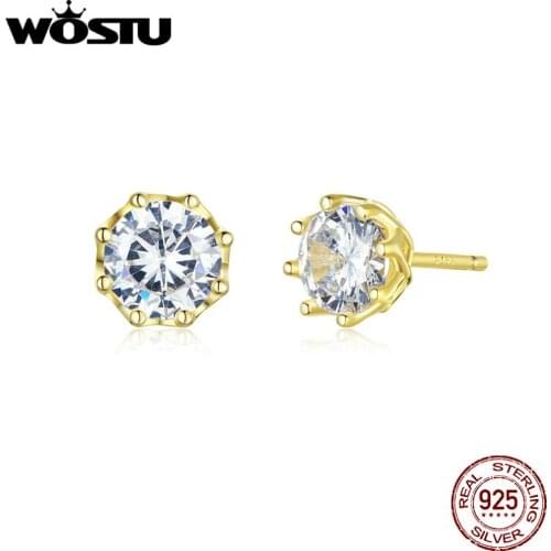 WOSTU 925 Sterling Silver Exquisite Zircon Gold Color Stud Earrings For Women Stylish Small Earrings Wedding Jewelry BKE499-B