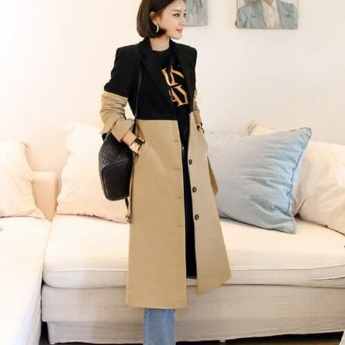 Runway Designer Women Windbreaker Coat Autumn Winter Turn Down Collar Patchwork Single Breasted Long Belt Trench Coat