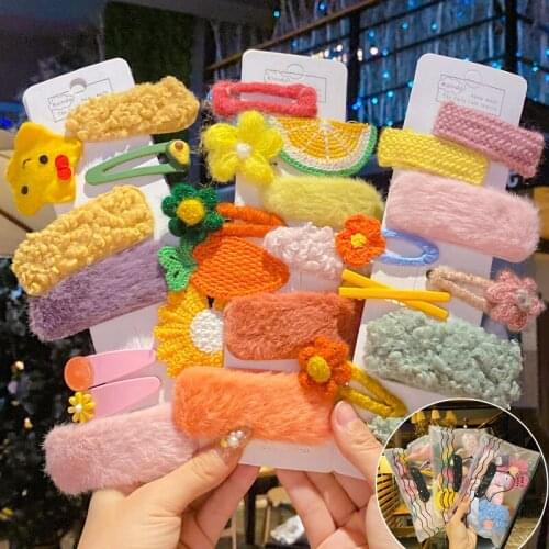 1 Set/Bag Winter Children Cute Sweet Lambswool Flower Fruit Ornament Hair Clips Girls Lovely Hairpins Kid Hair Accessories Gift
