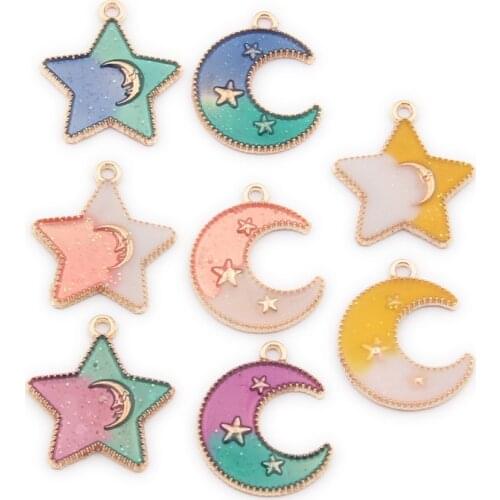 10pcs Enamel Bi-color Pentagon star Moon charms metal gold pendants fashion Small Hanging Diy Ear Jewelry Alloy Accessories