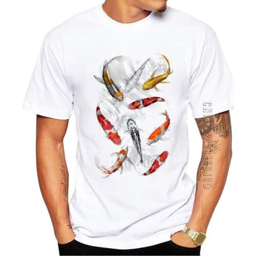 100% Cotton Newest Koi Fish Printed Men T-Shirt O Neck Summer Graphic Tshirt Casual Tops Funny Tees