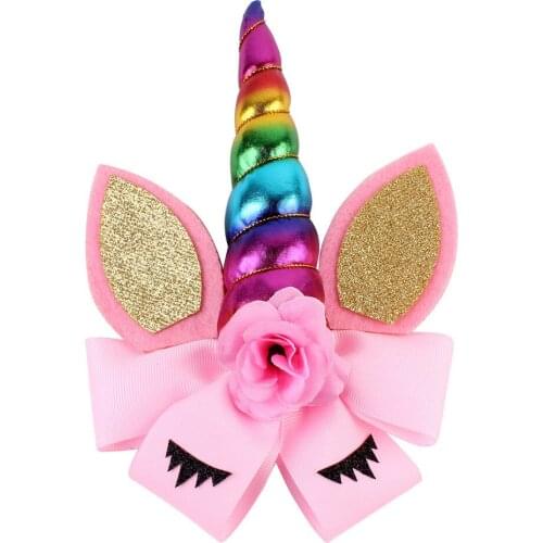 80pcs/lot boutique shimmer glitter unicorn horned flower hair bow with clip hair accessories wholesale