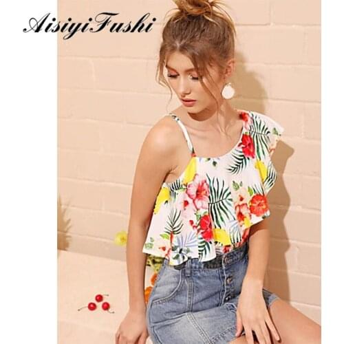 AISIYIFUSHI Summer Womens Tops and Blouses Floral Print Chiffon Blouses Off Shoulder Tops for Women Clothes 2020 Ruffle Blouses