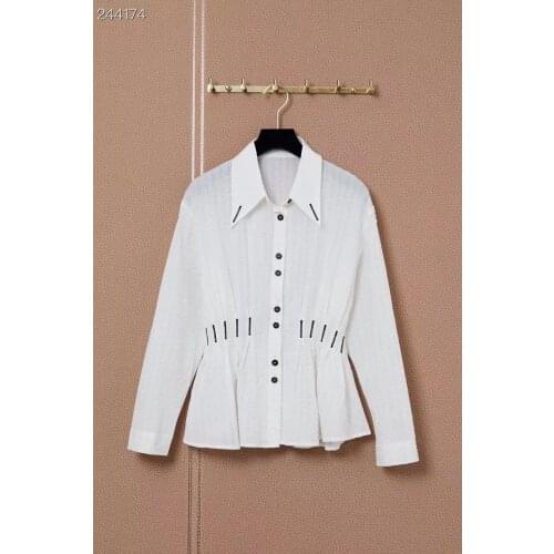 Fyion Women Slim Blouses Tops 2021 Autumn Solid Runway Long Sleeve Shirt Ladies Elegant Single Breasted White Cotton Shirts