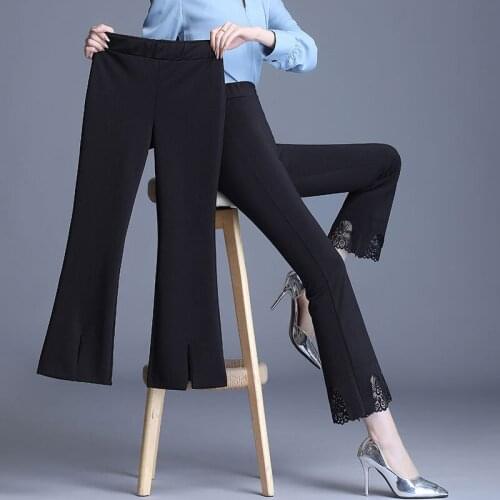 Black High Waist Flared Pants Sexy Lace Patchwork Trousers Women Vintage Elegant Pants Vetement Femme 2021 Korean Fashion D154