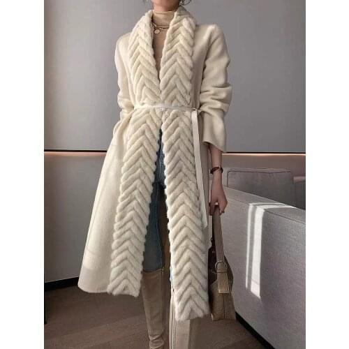 Handmade Double Side 100% Woolen Cashmere Long Womens Warm Slim Cashmere Coat Natural Mink Fur Collar Cashmere Coat with Belt