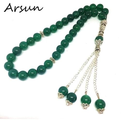 Handmade 8mm Natural Green Agate Stone Round Shape 33 Prayer Beads Muslim Tasbih Allah Mohammed Rosary for women men Bracelet